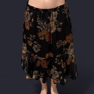 Bon Worth / Midi Skirt / Black Floral / Elastic Waistband & Ruffle Hem / Size MP